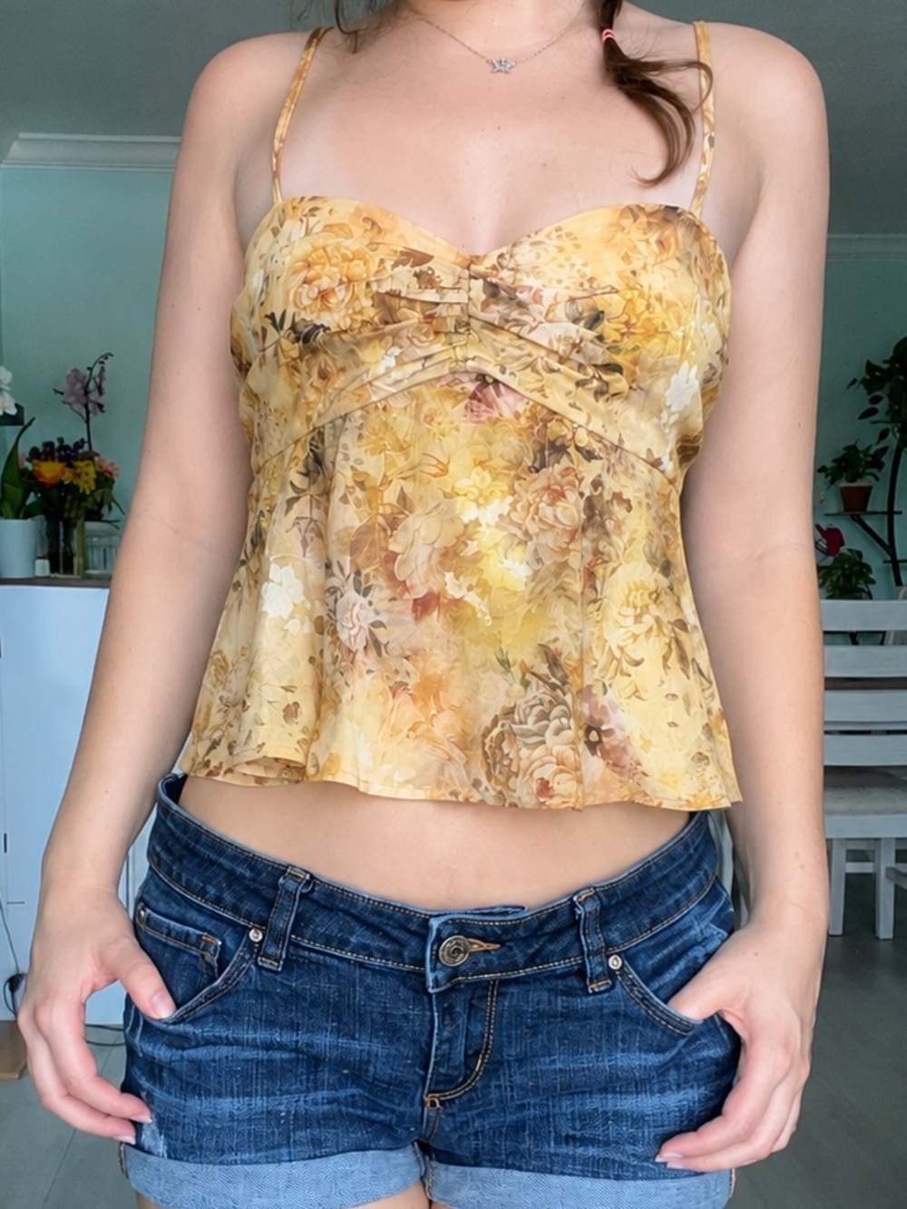 Madden NYC Golden Floral Chiffon Ruffle Overlay Smocked Crop Top Size Medium